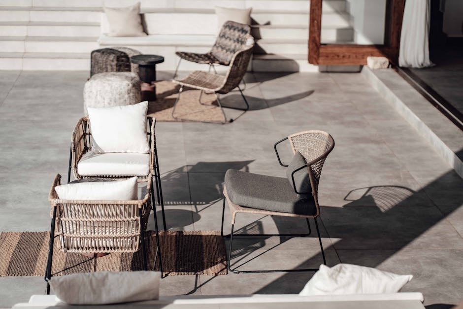 Outdoor terrace area with comfortable seating and ambient lighting